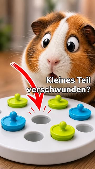 Reel-Titelbild: Kleines Teil verschwunden? Illustration eines Meerschweinchens mit einem Spielzeug und fehlendem Teil